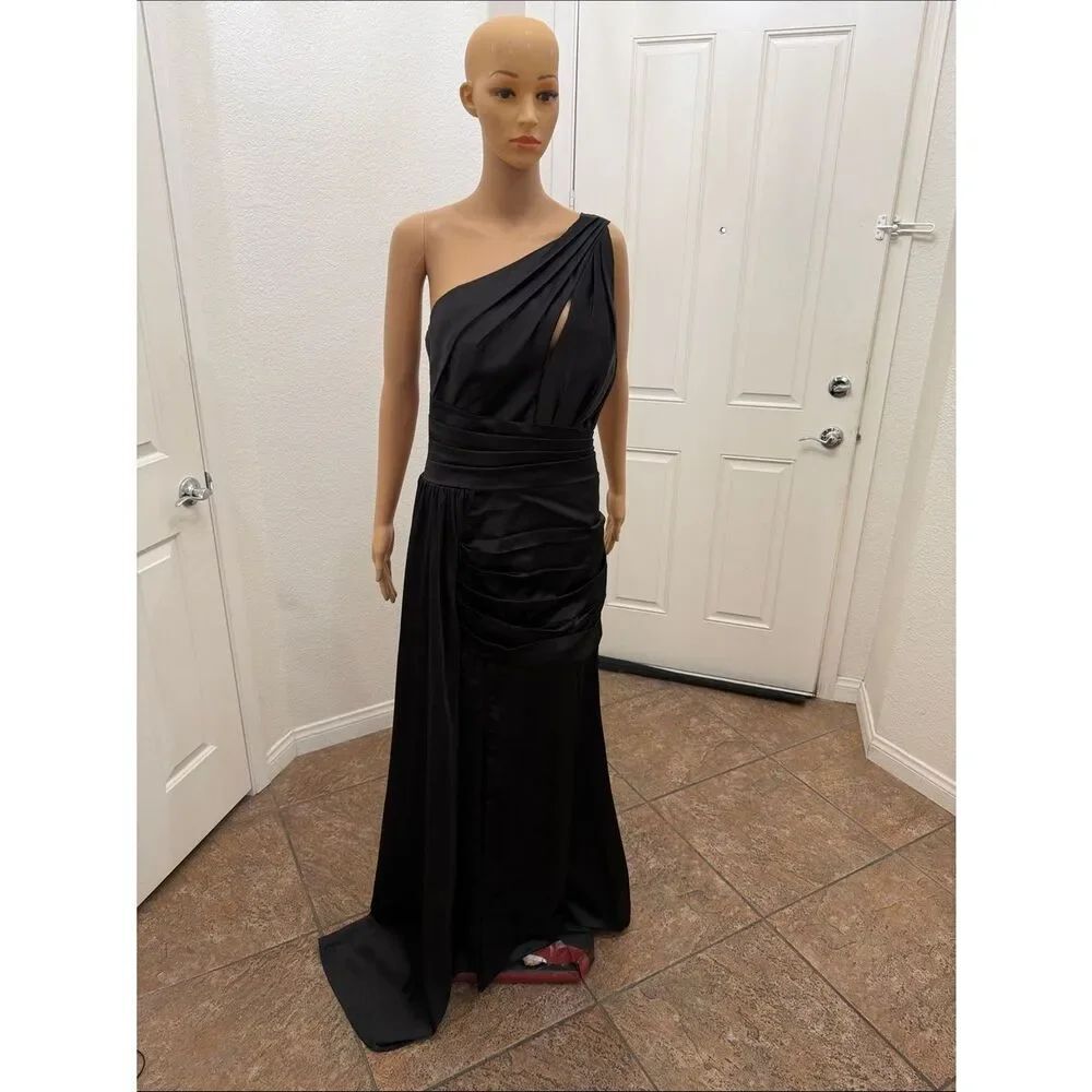 Chicsew Astrid Mermaid 6 One Shoulder Black Draped Side Slit Prom Evening Gown